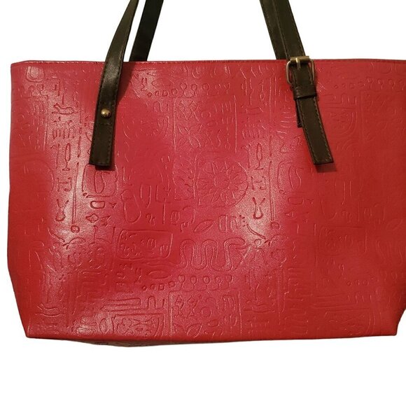 Pink Embossed Large Tote Bag With Faux Leather Brown Straps Gold Hardware - Picture 2 of 5